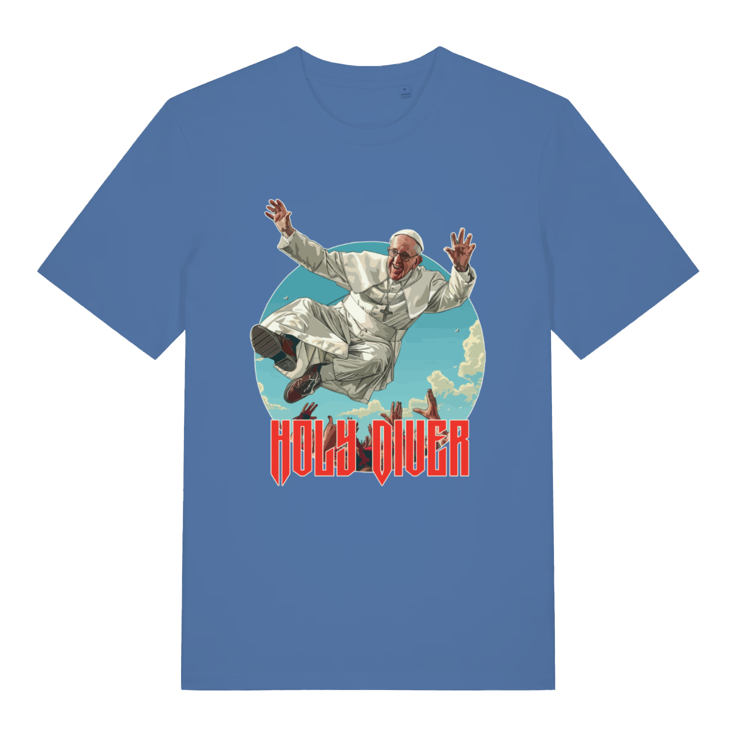 Bright Blue Holy Diver T-shirt flat lay featuring hilarious Pope skydiving illustration