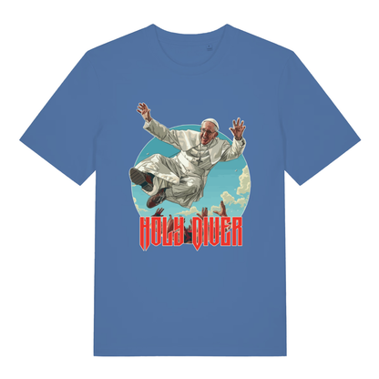 Bright Blue Holy Diver T-shirt flat lay featuring hilarious Pope skydiving illustration