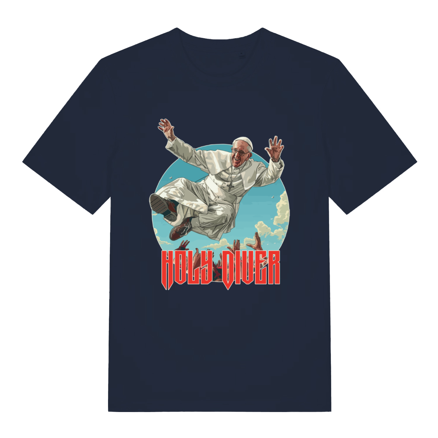 French Navy Holy Diver T-shirt flat lay showing "Holy Diver" Pope music pun design