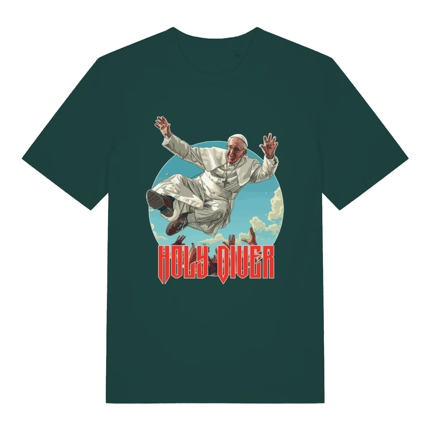 Glazed Green Holy Diver T-shirt flat lay with funny diving Pope graphic