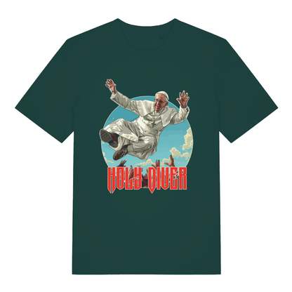 Glazed Green Holy Diver T-shirt flat lay with funny diving Pope graphic