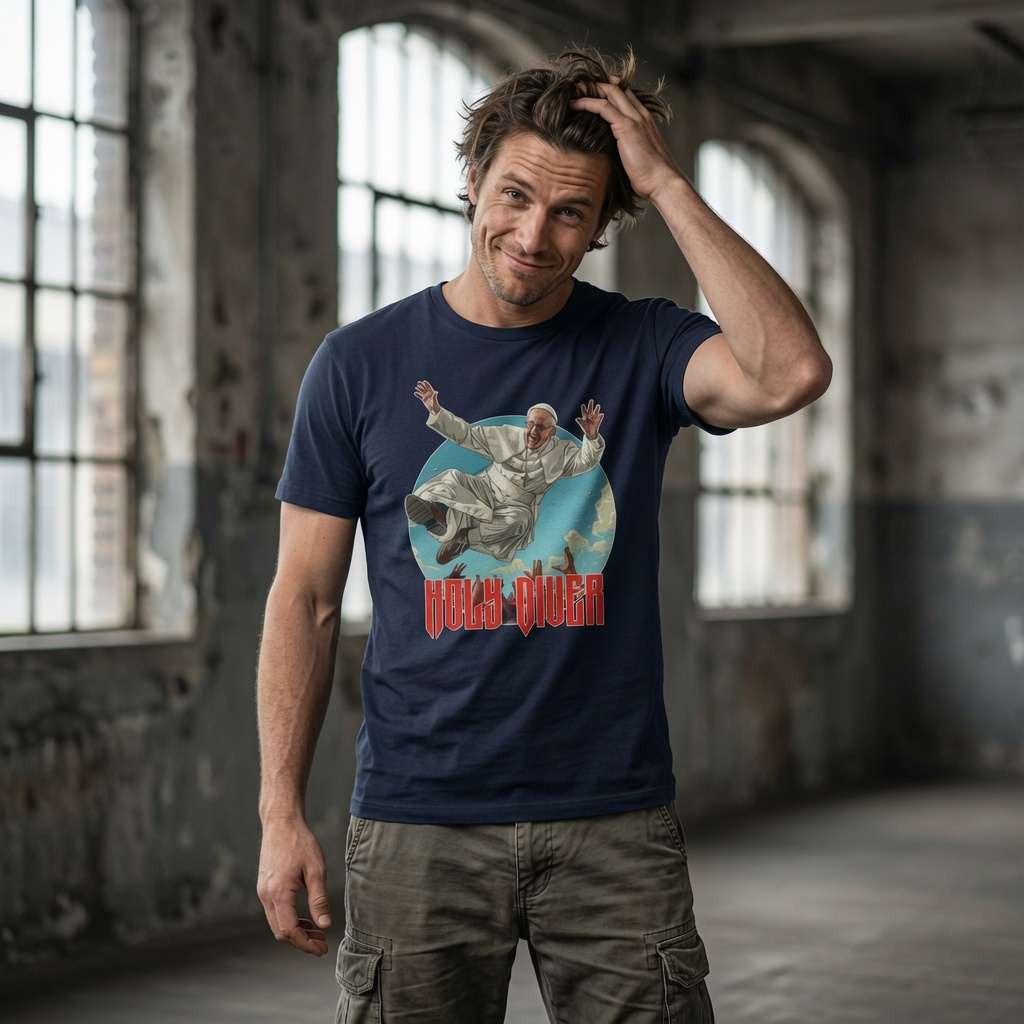 Man with hand in hair in navy Holy Diver t-shirt, funny mens witty music inspired graphic