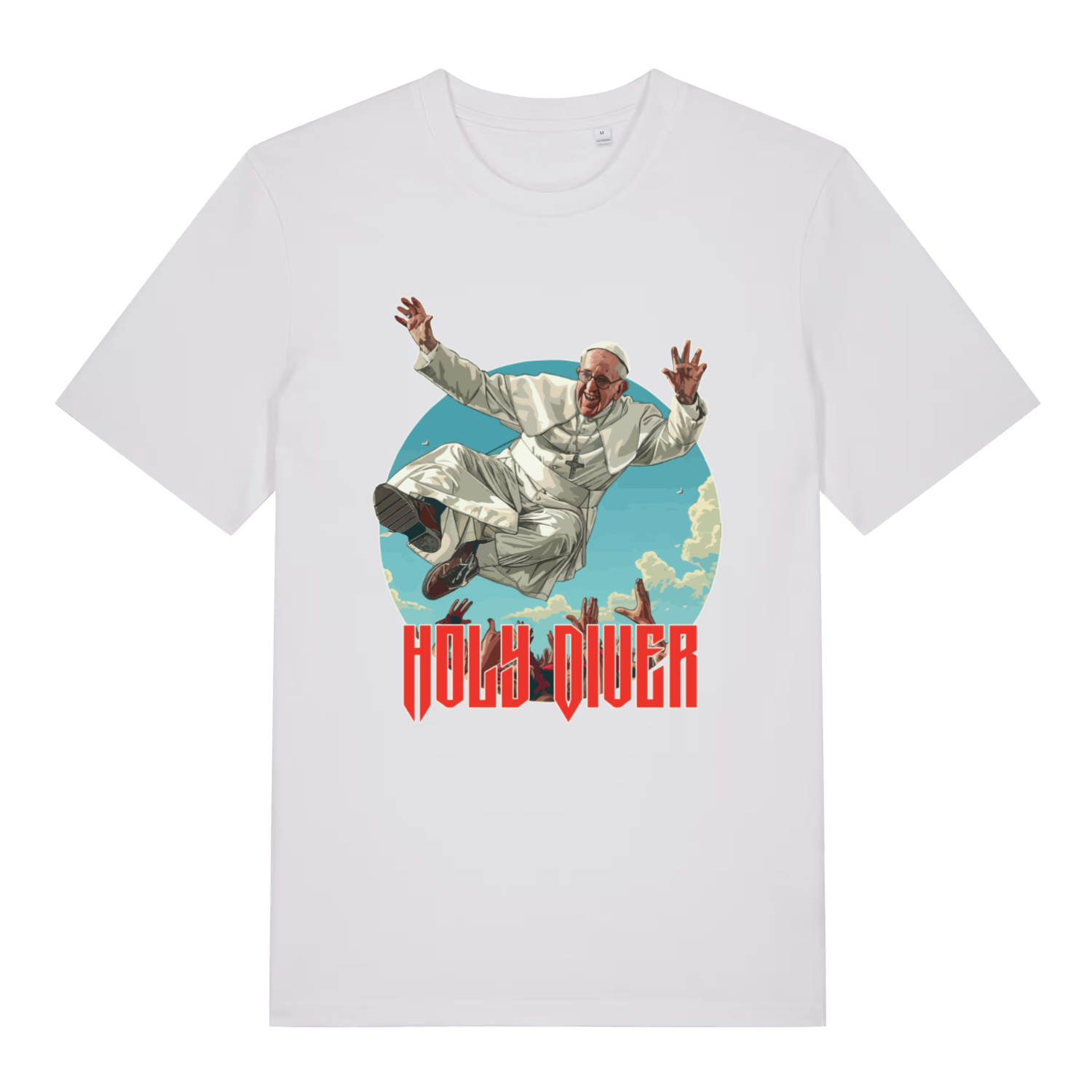 White Holy Diver T-shirt flat lay displaying Holy Diver Pope Francis parody