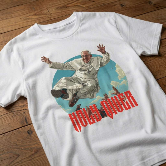 White Holy Diver t-shirt on wood featuring diving Pope graphic, humorous mens music inspired