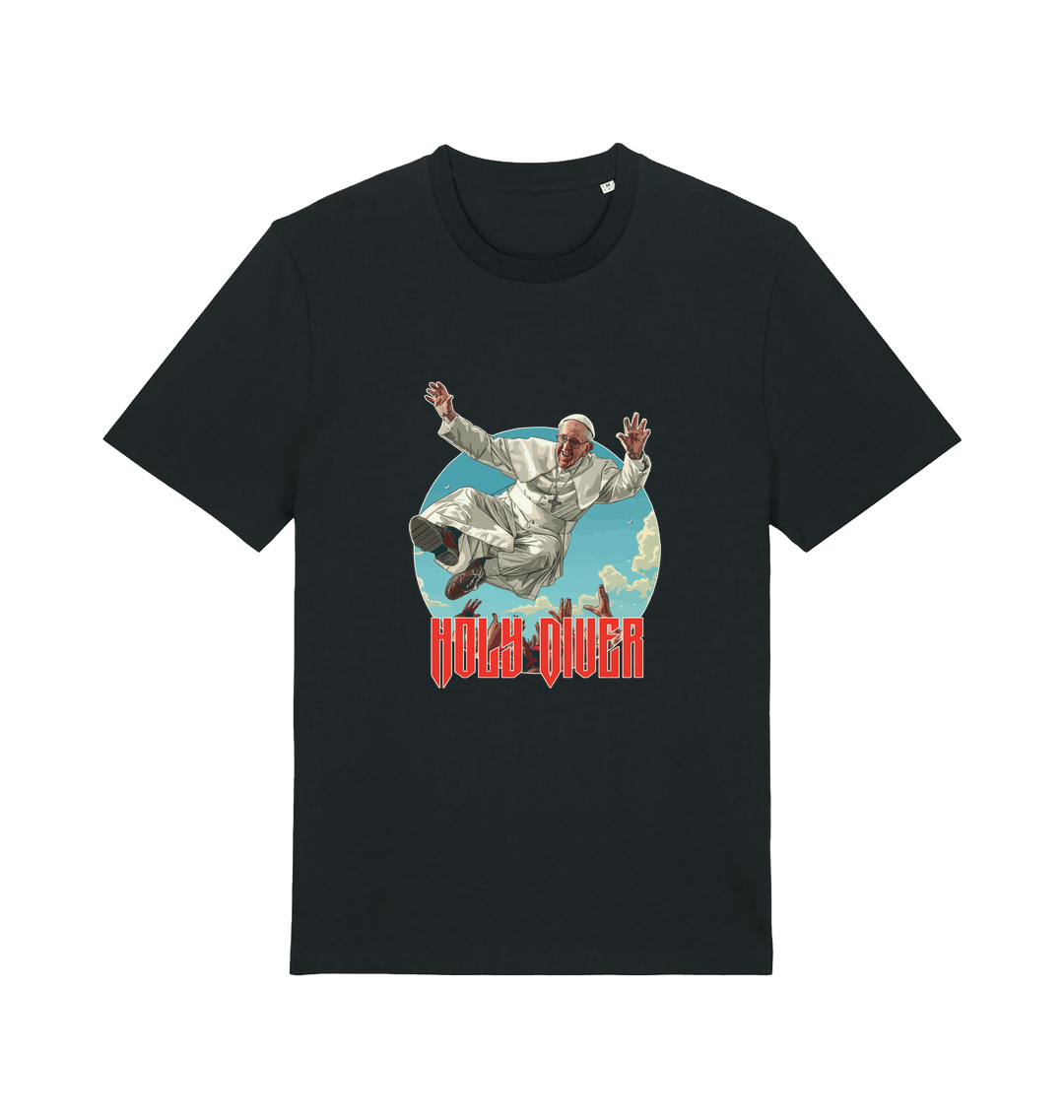 black music t-shirt with the graphic of the pope jumping and the slogan 'holy diver'
