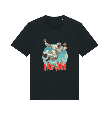 black music t-shirt with the graphic of the pope jumping and the slogan 'holy diver'