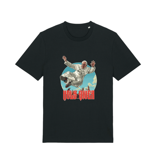 black music t-shirt with the graphic of the pope jumping and the slogan 'holy diver'