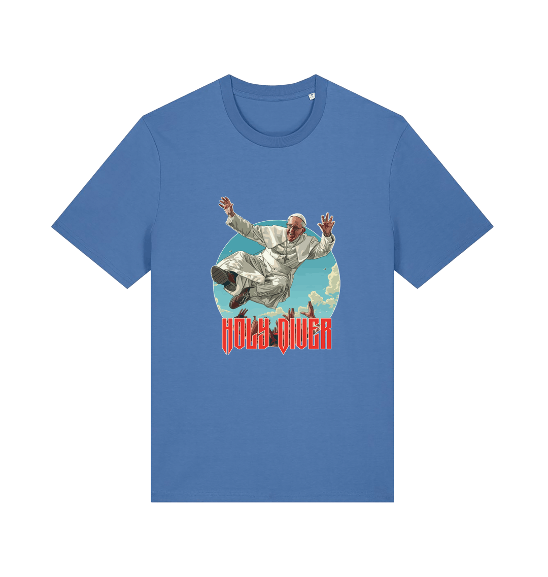 blue music t-shirt with the graphic of the pope jumping and the slogan 'holy diver'