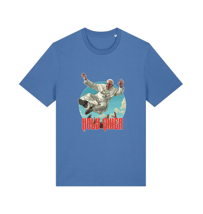 blue music t-shirt with the graphic of the pope jumping and the slogan 'holy diver'