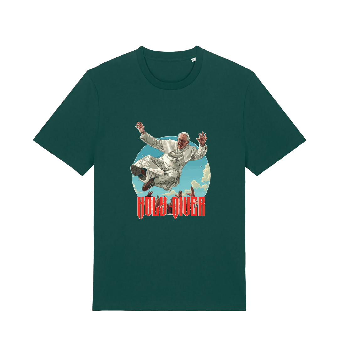 green music t-shirt with the graphic of the pope jumping and the slogan 'holy diver'