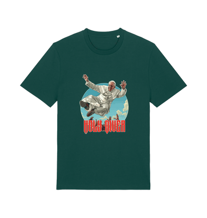 green music t-shirt with the graphic of the pope jumping and the slogan 'holy diver'