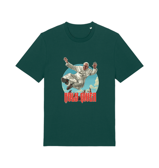green music t-shirt with the graphic of the pope jumping and the slogan 'holy diver'