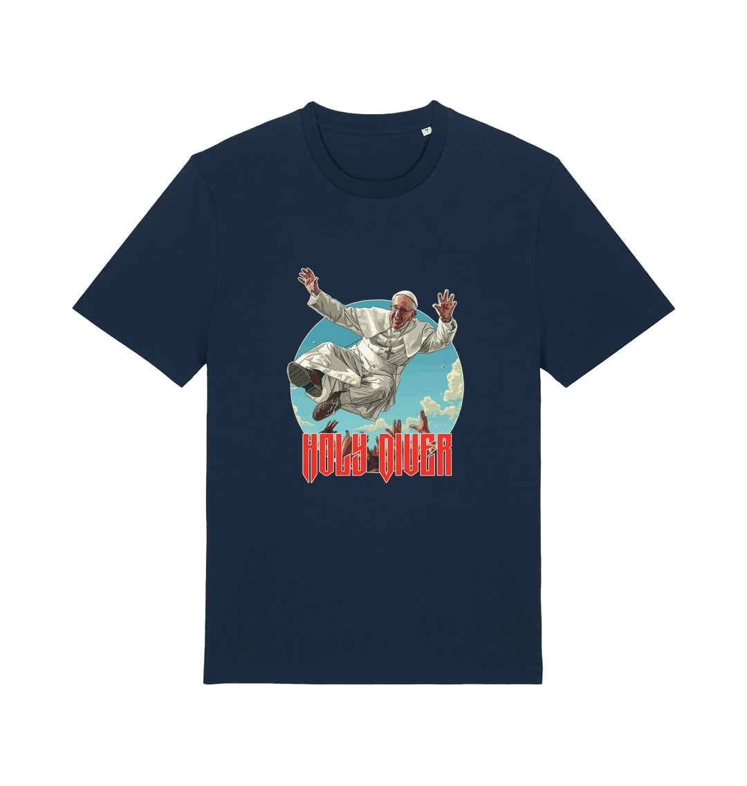 navy music t-shirt with the graphic of the pope jumping and the slogan 'holy diver'