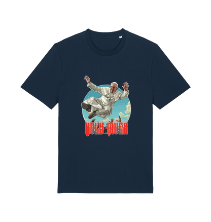 navy music t-shirt with the graphic of the pope jumping and the slogan 'holy diver'