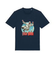 navy music t-shirt with the graphic of the pope jumping and the slogan 'holy diver'