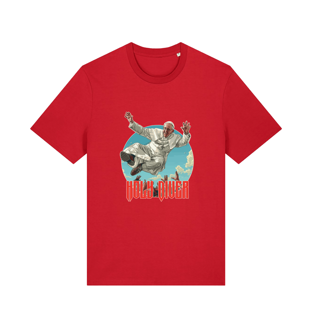 red music t-shirt with the graphic of the pope jumping and the slogan 'holy diver'
