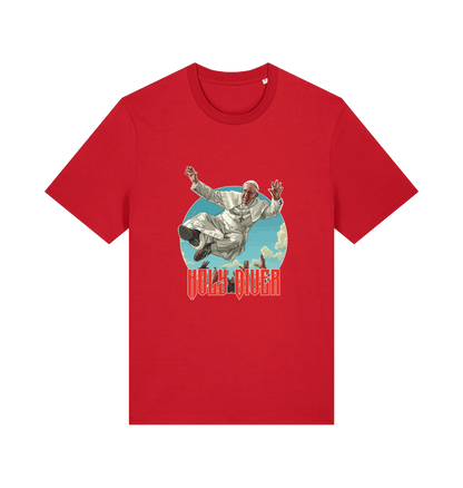 red music t-shirt with the graphic of the pope jumping and the slogan 'holy diver'