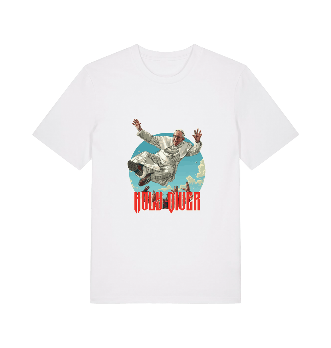 white music t-shirt with the graphic of the pope jumping and the slogan 'holy diver'
