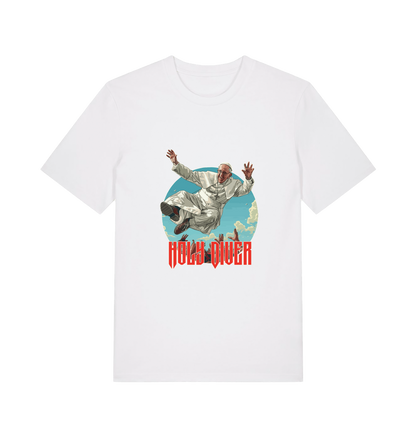 white music t-shirt with the graphic of the pope jumping and the slogan 'holy diver'