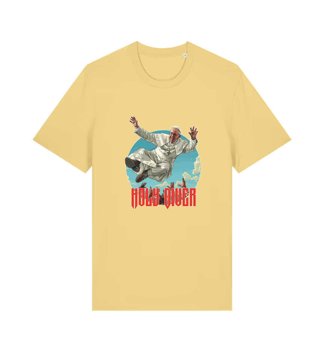 yellow music t-shirt with the graphic of the pope jumping and the slogan 'holy diver'