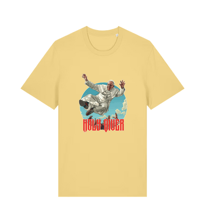yellow music t-shirt with the graphic of the pope jumping and the slogan 'holy diver'