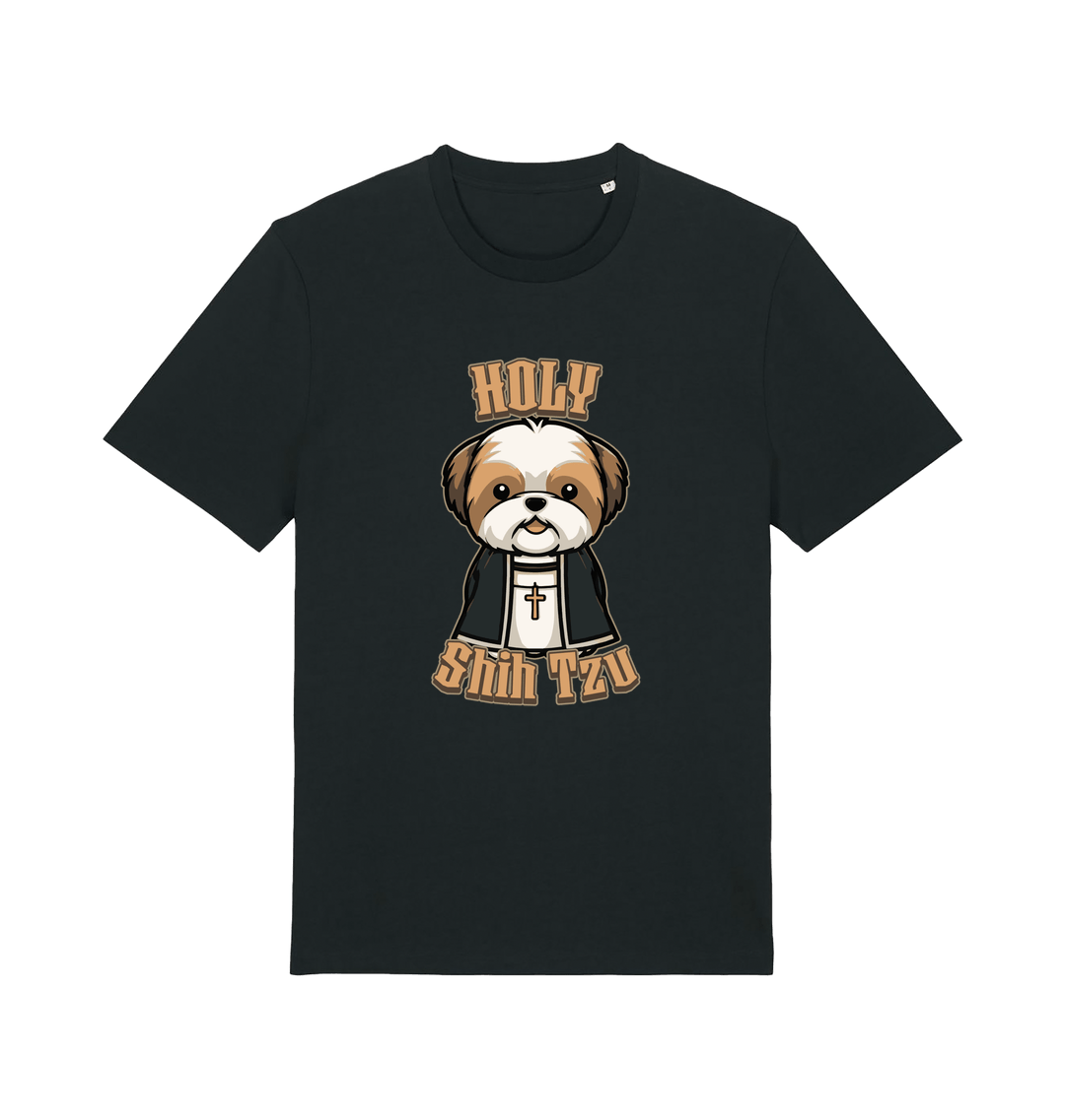 black funny animal t-shirt with the graphic of a dog dressed as a priest and the slogan 'holy shihtzu'