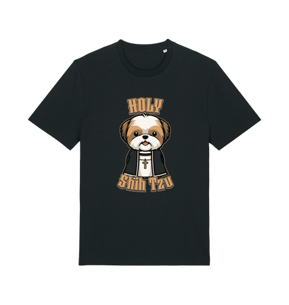 black funny animal t-shirt with the graphic of a dog dressed as a priest and the slogan 'holy shihtzu'