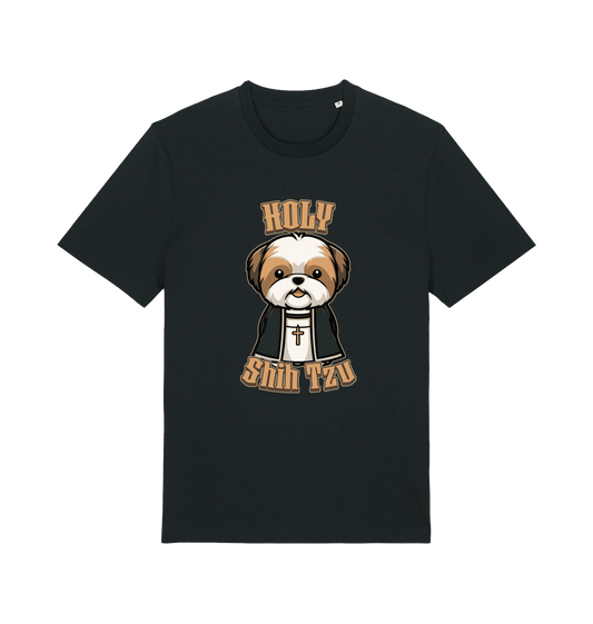 black funny animal t-shirt with the graphic of a dog dressed as a priest and the slogan 'holy shihtzu'
