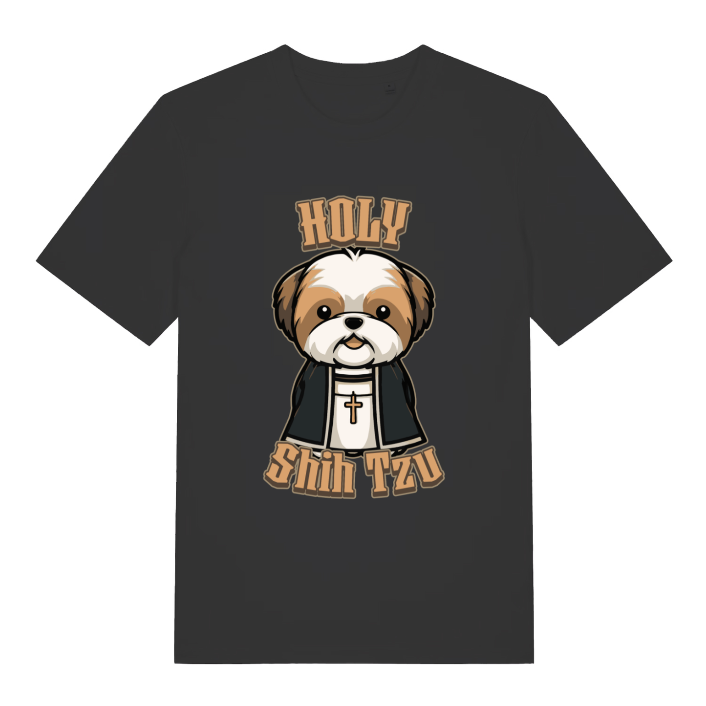 Black Holy Shihtzu T-shirt flat lay with cute Shih Tzu priest "Holy Shihtzu" funny dog graphic