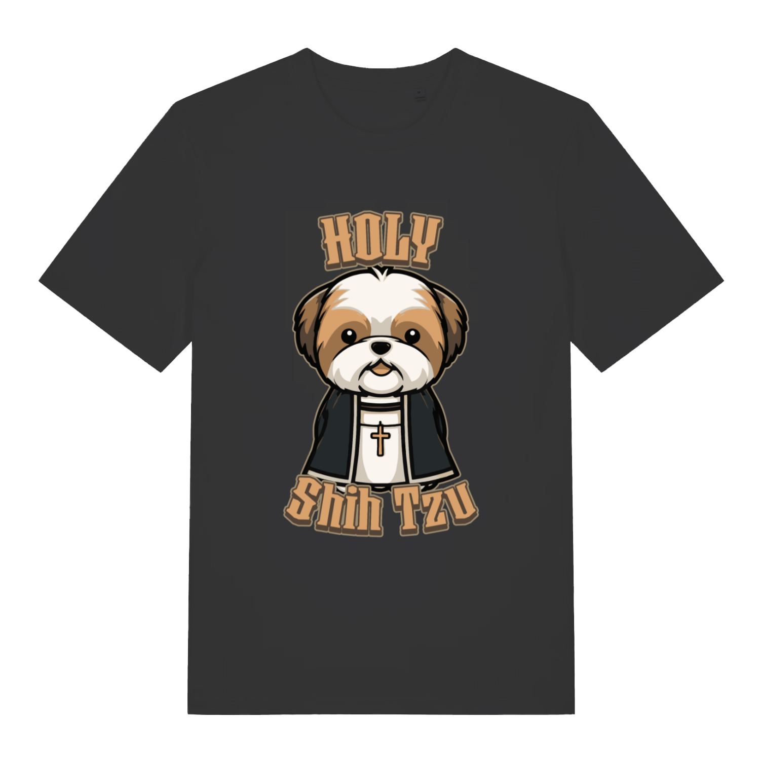 Black Holy Shihtzu T-shirt flat lay with cute Shih Tzu priest "Holy Shihtzu" funny dog graphic