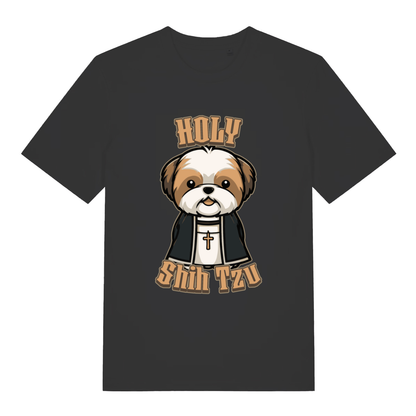 Black Holy Shihtzu T-shirt flat lay with cute Shih Tzu priest "Holy Shihtzu" funny dog graphic