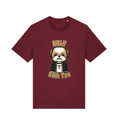 burgundy funny animal t-shirt with the graphic of a dog dressed as a priest and the slogan 'holy shihtzu'
