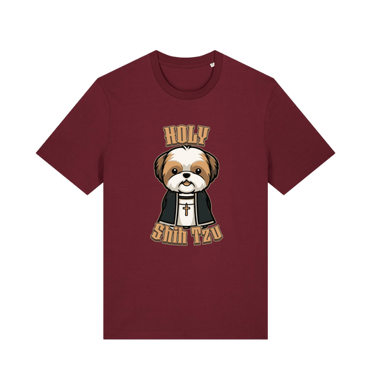 burgundy funny animal t-shirt with the graphic of a dog dressed as a priest and the slogan 'holy shihtzu'
