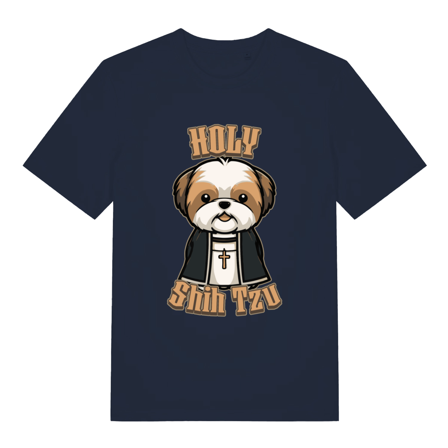 French Navy Holy Shihtzu T-shirt flat lay featuring adorable priest dog illustration