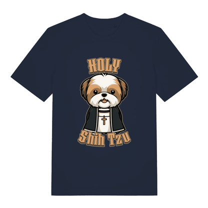 French Navy Holy Shihtzu T-shirt flat lay featuring adorable priest dog illustration