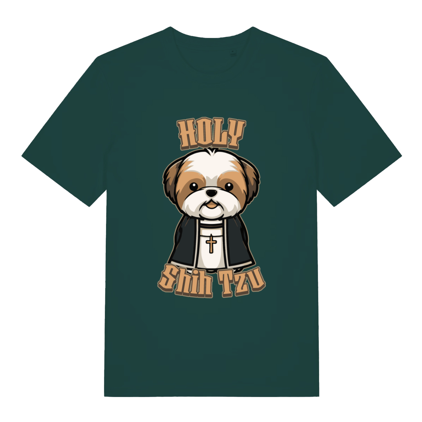 Glazed Green Holy Shihtzu T-shirt flat lay showing "Holy Shihtzu" religious dog pun design