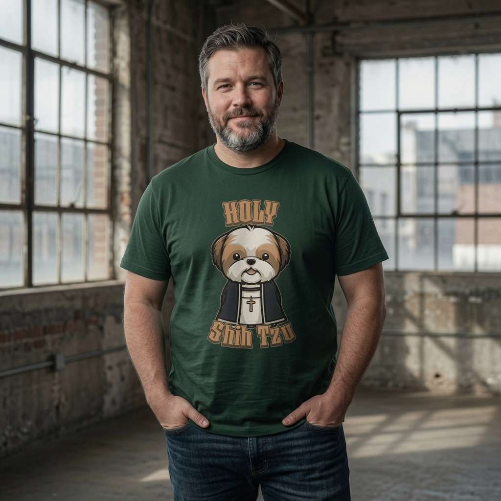 Bearded man hands in pockets in glazed green Holy Shih Tzu tee with clerical Shih Tzu design, mens funny cheeky shih tzu pun