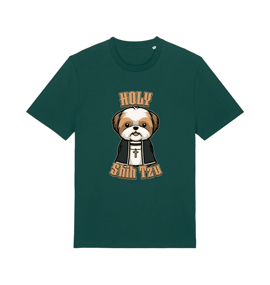 green funny animal t-shirt with the graphic of a dog dressed as a priest and the slogan 'holy shihtzu'
