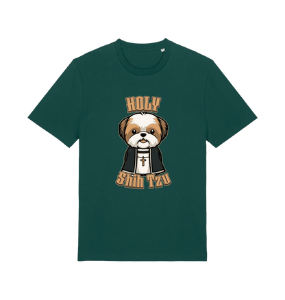 green funny animal t-shirt with the graphic of a dog dressed as a priest and the slogan 'holy shihtzu'
