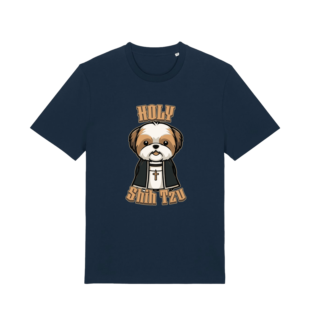 navy funny animal t-shirt with the graphic of a dog dressed as a priest and the slogan 'holy shihtzu'
