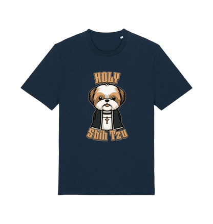 navy funny animal t-shirt with the graphic of a dog dressed as a priest and the slogan 'holy shihtzu'