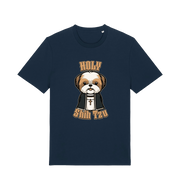 navy funny animal t-shirt with the graphic of a dog dressed as a priest and the slogan 'holy shihtzu'