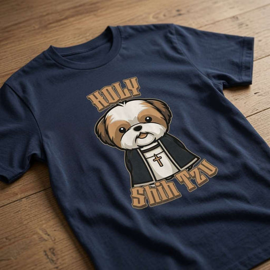 Navy Holy Shih Tzu t-shirt on wood featuring priest dog, funny witty rude dog pun shihtzu