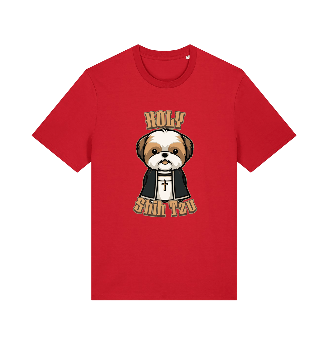 red funny animal t-shirt with the graphic of a dog dressed as a priest and the slogan 'holy shihtzu'