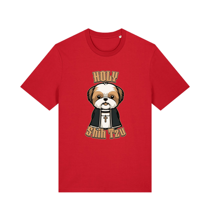 red funny animal t-shirt with the graphic of a dog dressed as a priest and the slogan 'holy shihtzu'