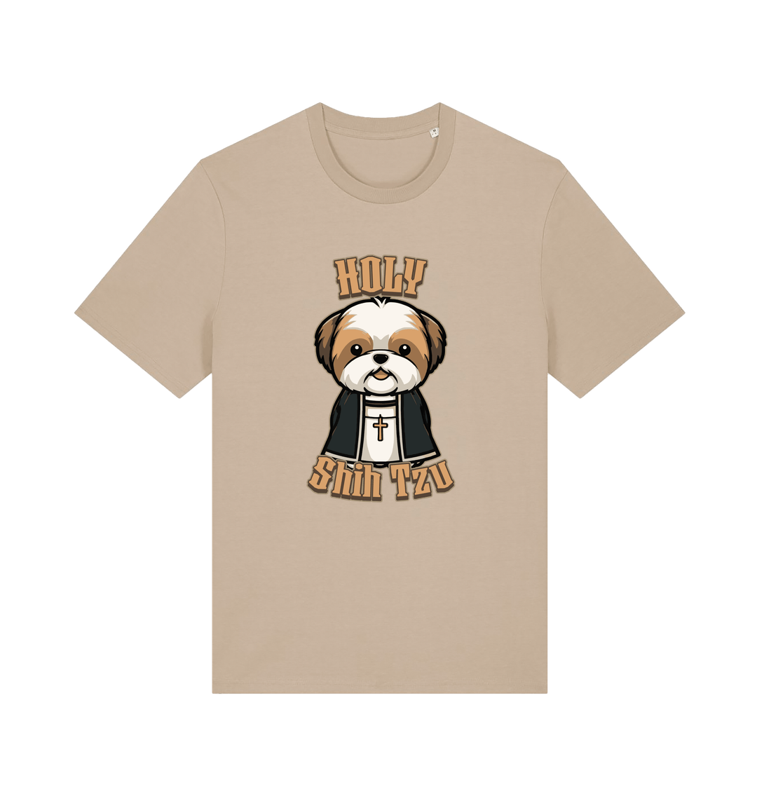 sand funny animal t-shirt with the graphic of a dog dressed as a priest and the slogan 'holy shihtzu'