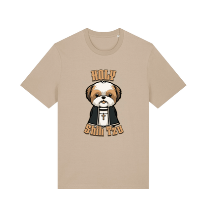 sand funny animal t-shirt with the graphic of a dog dressed as a priest and the slogan 'holy shihtzu'