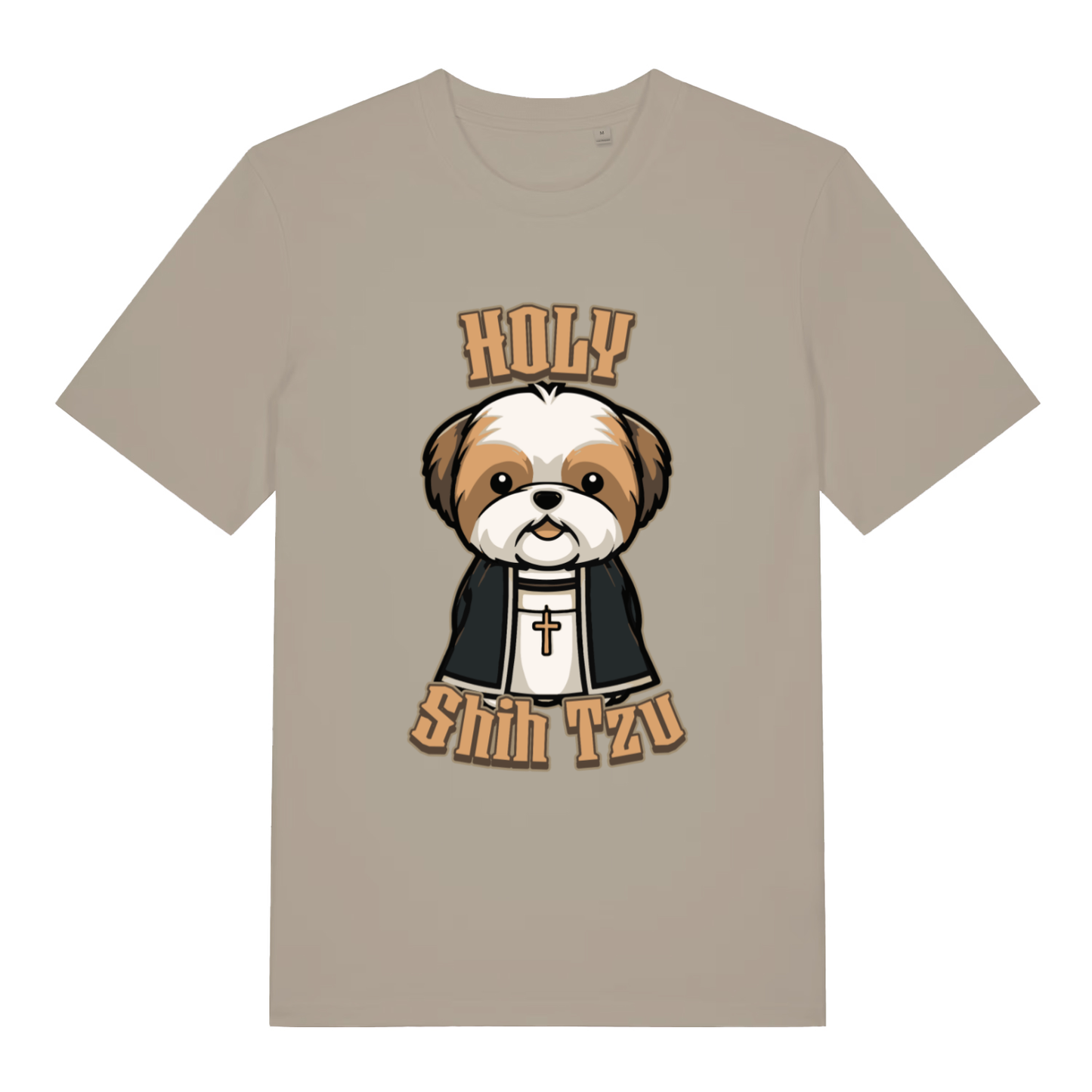 Stone Holy Shihtzu T-shirt flat lay with funny Shih Tzu in clerical robes graphic