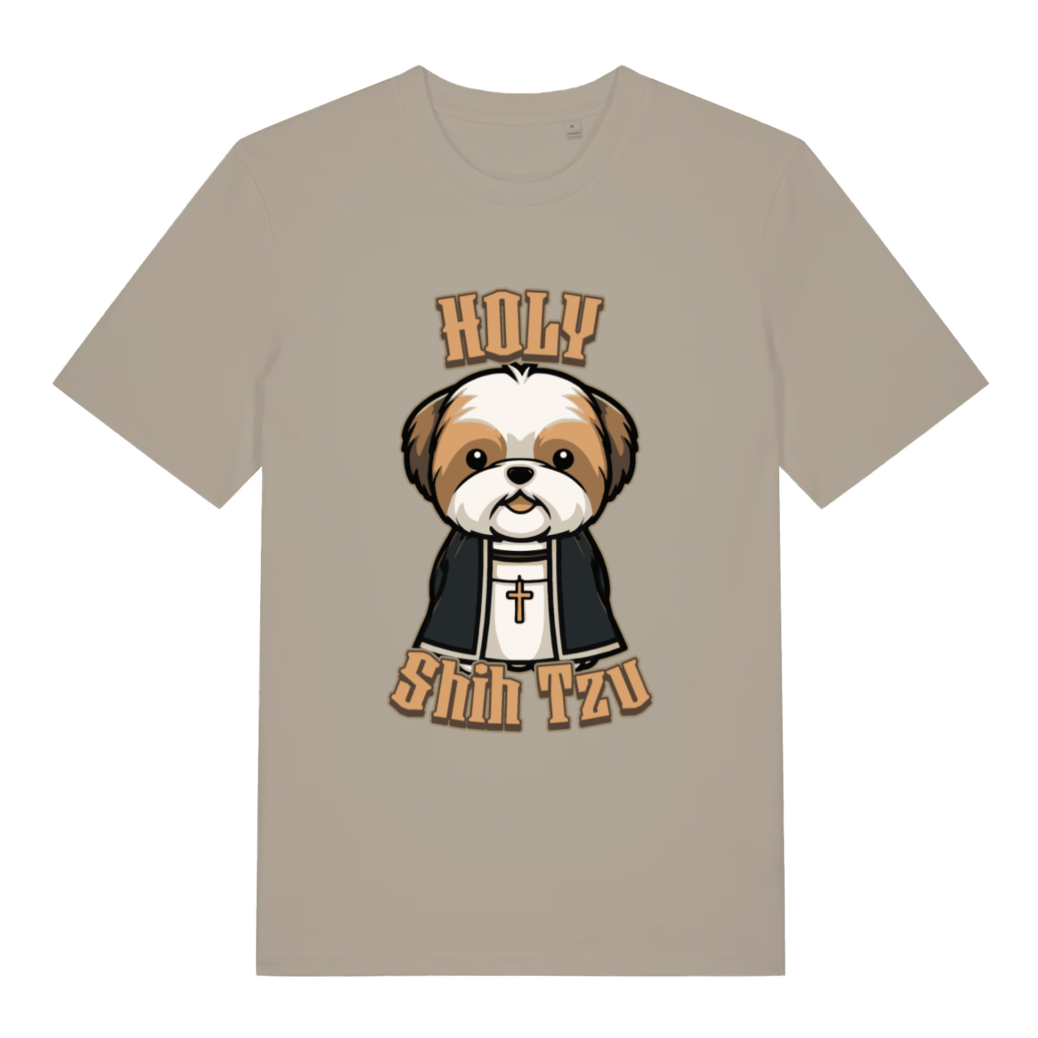 Stone Holy Shihtzu T-shirt flat lay with funny Shih Tzu in clerical robes graphic