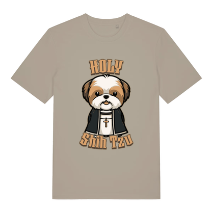 Stone Holy Shihtzu T-shirt flat lay with funny Shih Tzu in clerical robes graphic